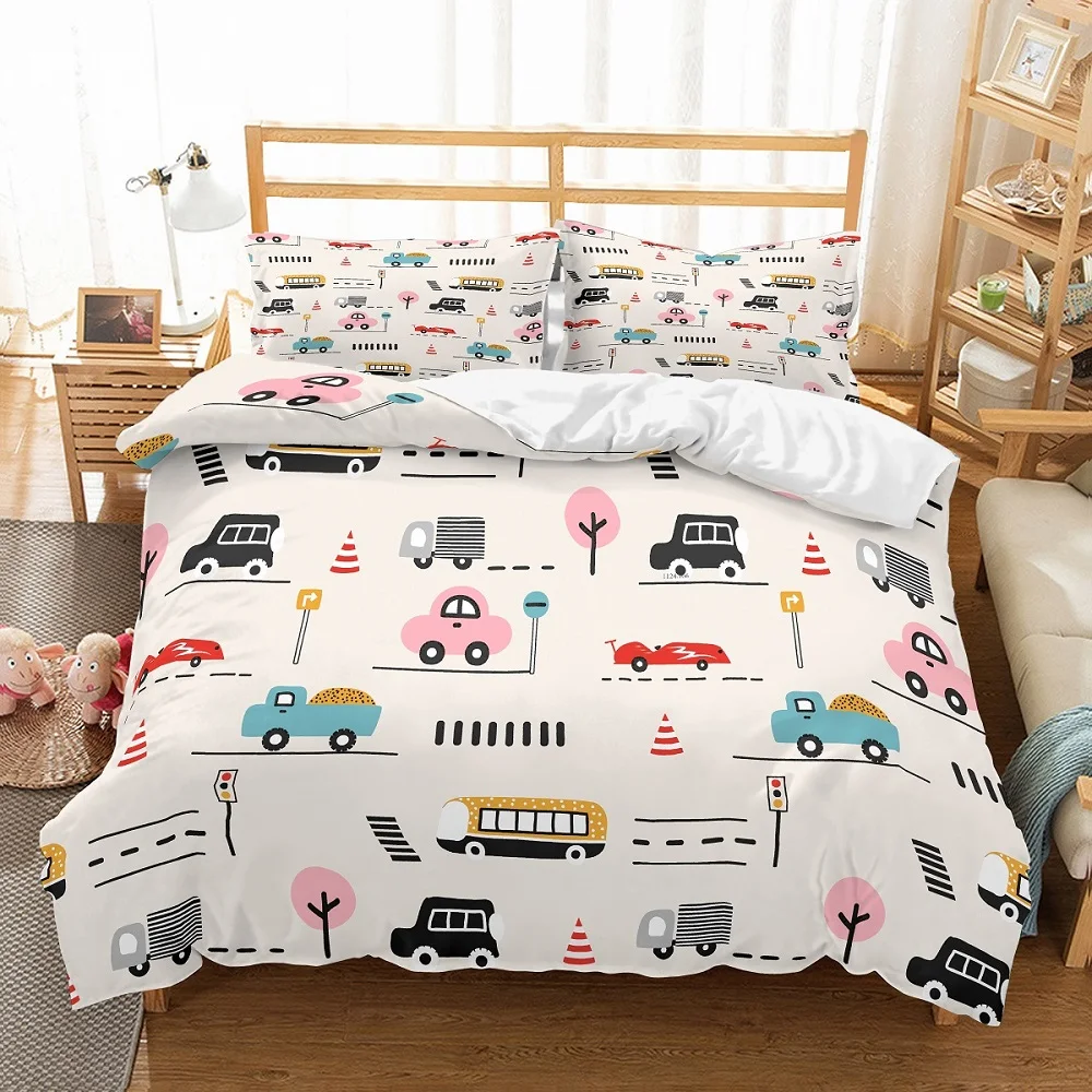 

Different Vehicle Cars Traffic Train and Map of Transportation Kids Duvet Cover Set 3 Piece with 2 Pillow Sham Boy Bedding Set