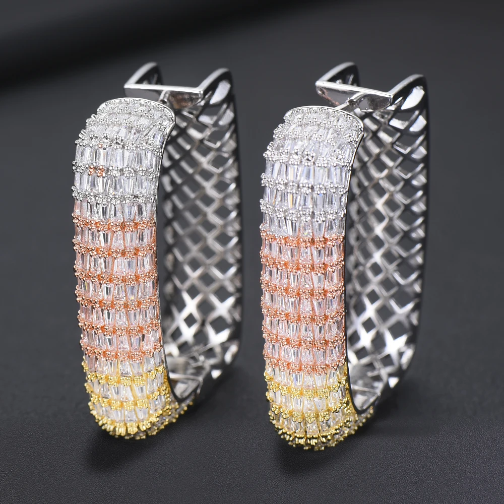 

GODKI Luxury 3 Tone AAA Cubic Zircon Statement Big Hoop Earrings For Women Wedding DUBAI Bridal Square Circle Hoop Earrings 2019