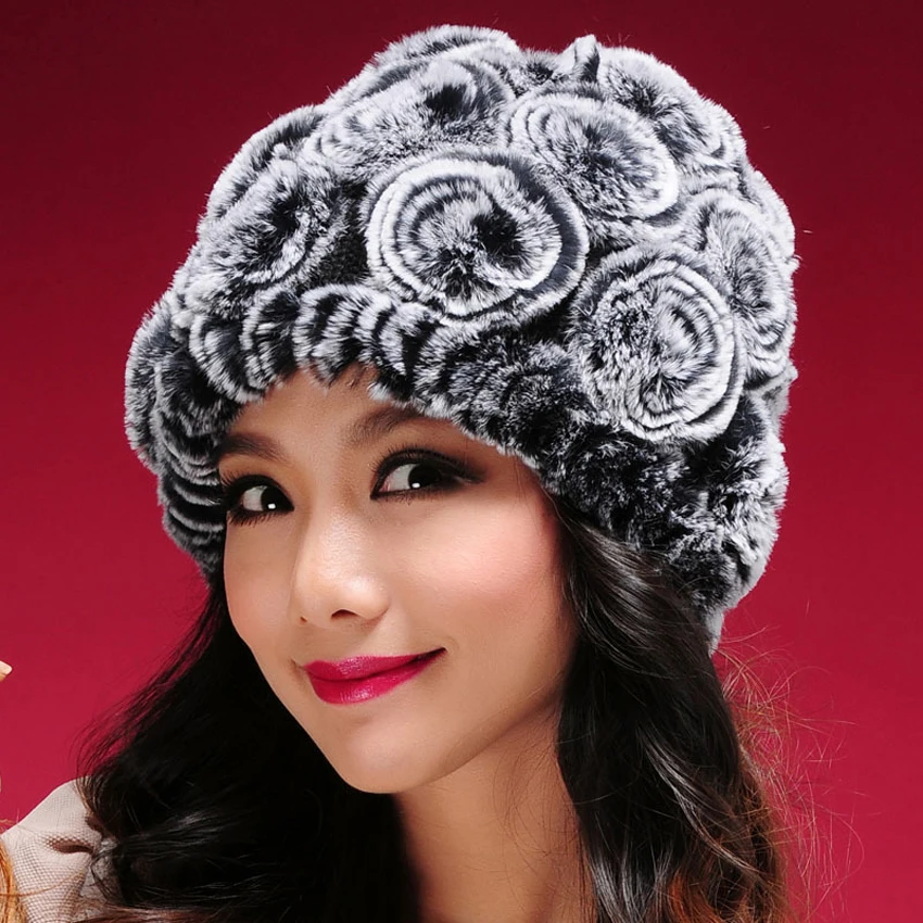 

YCFUR Winter Hats Caps For Women Knit Real Rex Rabbit Fur Flowers Beanies Hats Female Soft Warm Winter Hat Cap Ladies