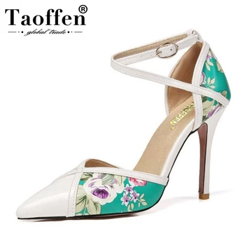 

TAOFFEN Plus Size 31-47 Women Printed Sandals Thin High Heels Women Shoes Pointed Toe Buckle Ankle Strap Sandals Party Footwear