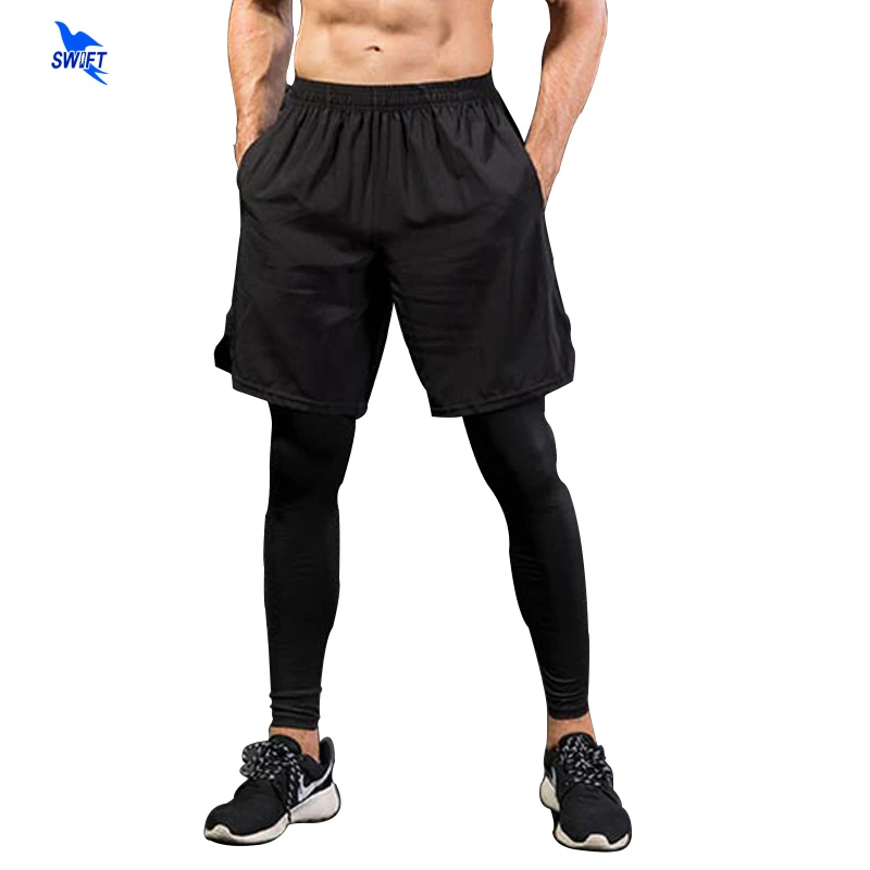 Men's Fake 2 In 1 Running Shorts + Pants Quick Dry Compression 