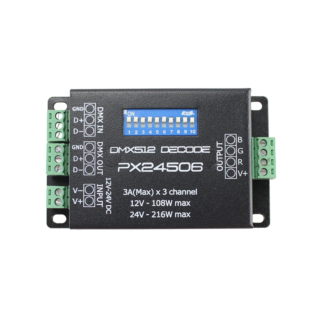 PX24506 светодиодный контроллер светодиодный декодер DMX 512 декодер драйвер 9A DMX 512 усилитель DC12-24V для RGB светодиодный светильник