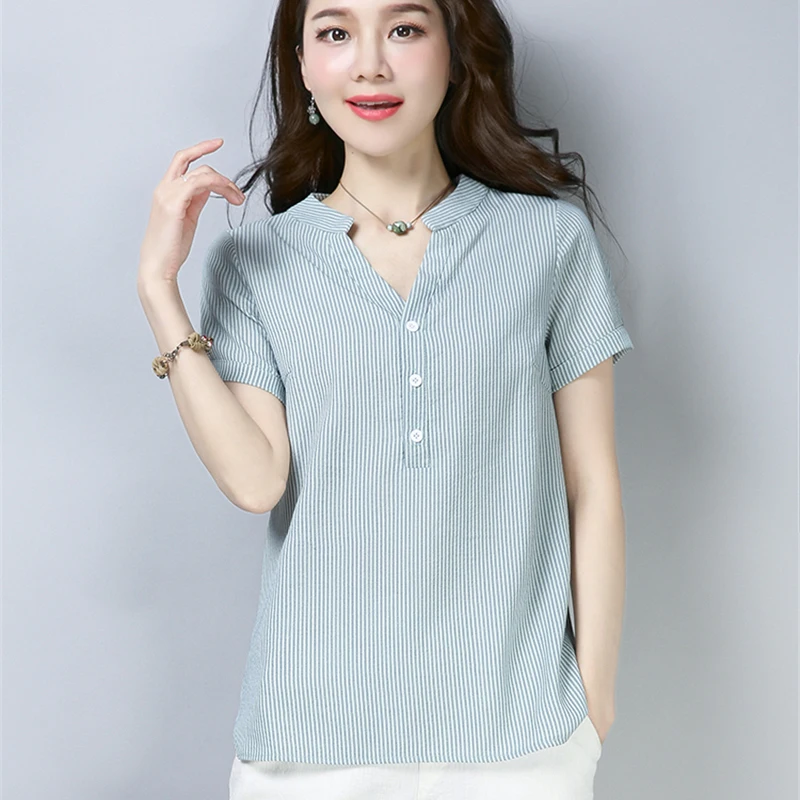 

Striped Blouse Women Short Sleeve V-Neck Pink Shirt Plus Size 4xl Casual Blouses Work Tops Female Blusas Feminino Summer 2019
