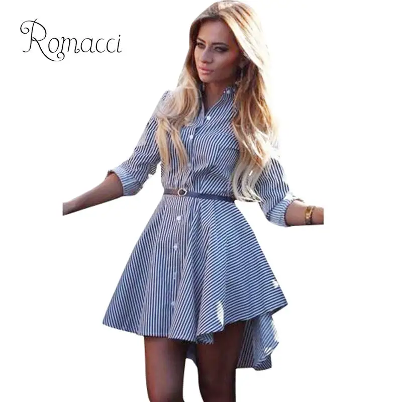 

Romacci Women Striped Mini Dress Summer Long Sleeve Button Down Front Irregular Hem Office Casual Lady Work Shirt Dresses
