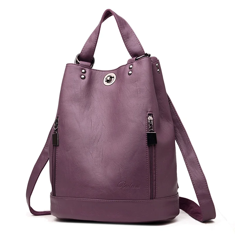 Женские кожаные рюкзаки, многофункциональная Женская винтажная сумка на плечо, женский рюкзак, большая Вместительная дорожная сумка, сумка для путешествий - Цвет: Purple