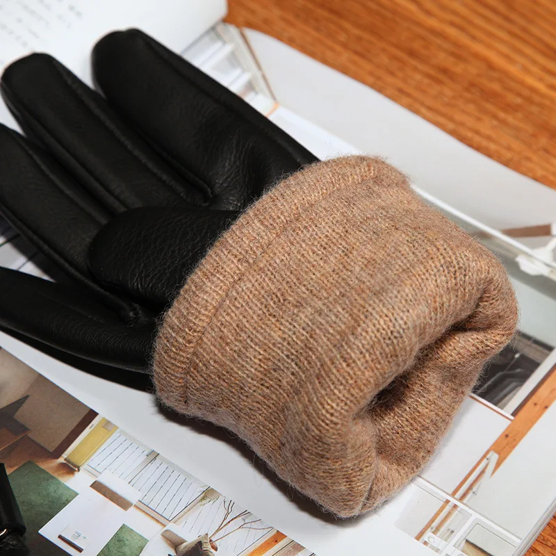 High-grade Man's Deerskin Gloves Genuine Buckskin Male Gloves Classic Fashion Knitted Lined Winter Warm Driving XC-107