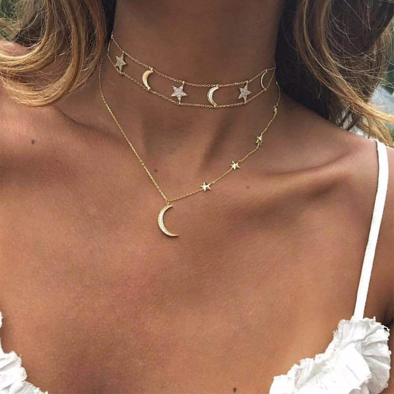 

Punk Retro Tassel Stars Moon Crystal Gem Gold Pendant Multilayer Necklace Set Female Personality Jewelry Accessories