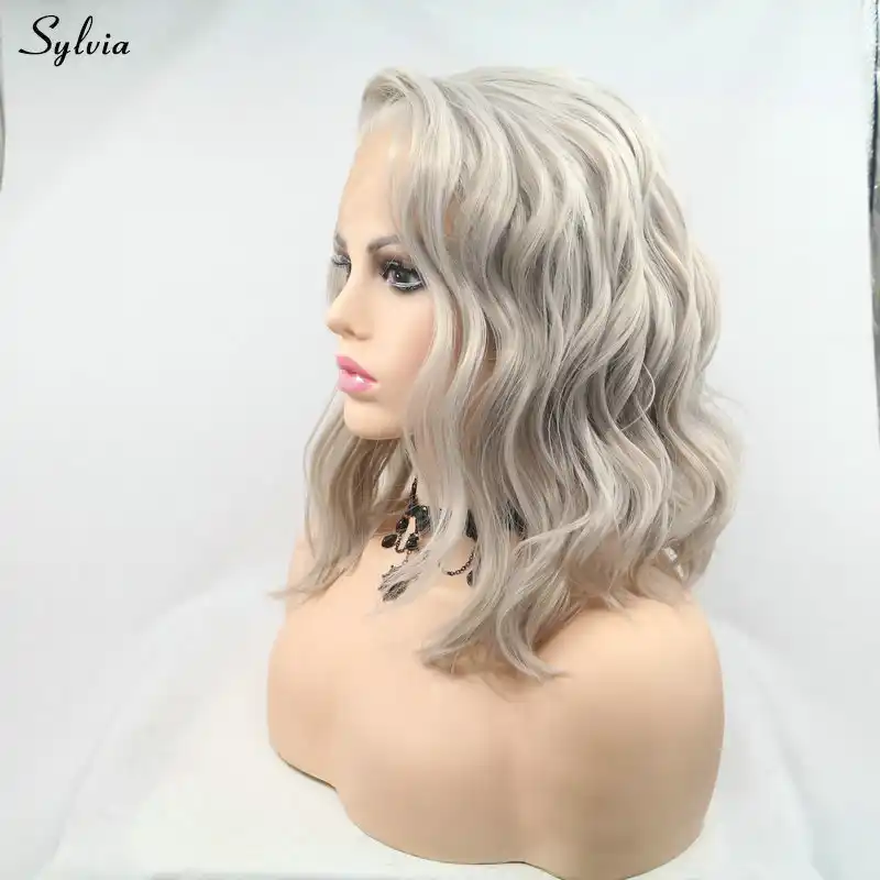 Sylvia Silver Blonde Short Bob Wigs Synthetic Wavy Hair For Women Side Part Flawless Hairline Pastel Color Lace Front Party Sylvia Silver Blonde Short Bob Wigs Synthetic Wavy Hair For Women Side Part Flawless Hairline Pastel Color Lace Front Party