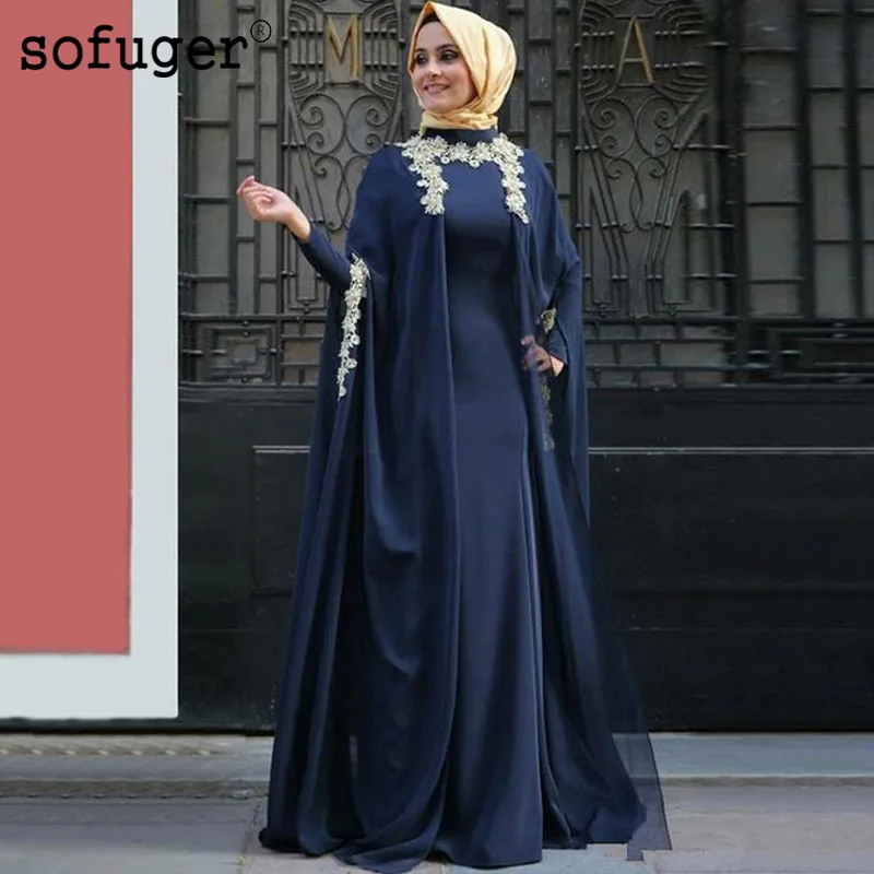 

Navy Blue Vintage East Muslim Party O Neck Appliques Sleeves Dubai Arabic Saudi Arabian Evening Dresses Prom Dress