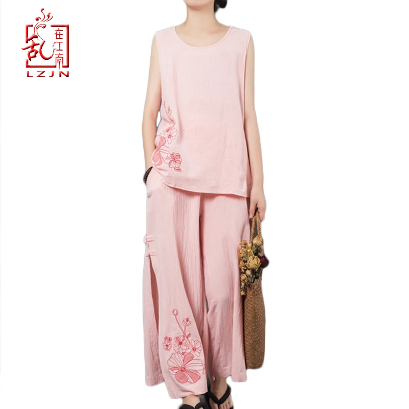 

LZJN Summer Women Sets Loose Sleeveless Tops and Pants Two Piece Suit Cotton Linen Embroidery Tank Tops and Wide Leg Pants Sets