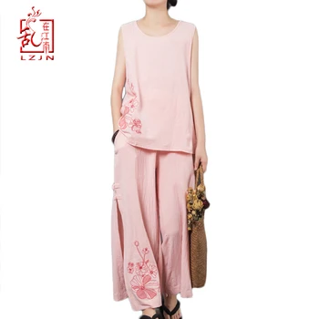 

LZJN Summer Women Sets Loose Sleeveless Tops and Pants Two Piece Suit Cotton Linen Embroidery Tank Tops and Wide Leg Pants Sets