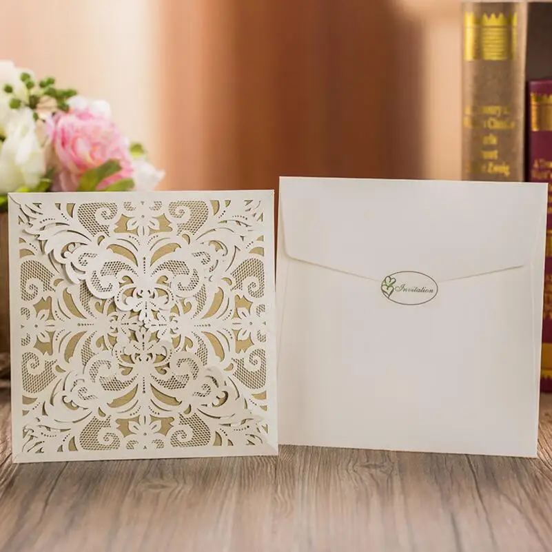30pcs/lot Lace Pocket Wedding Invitations Cards Square Laser Cut Flower