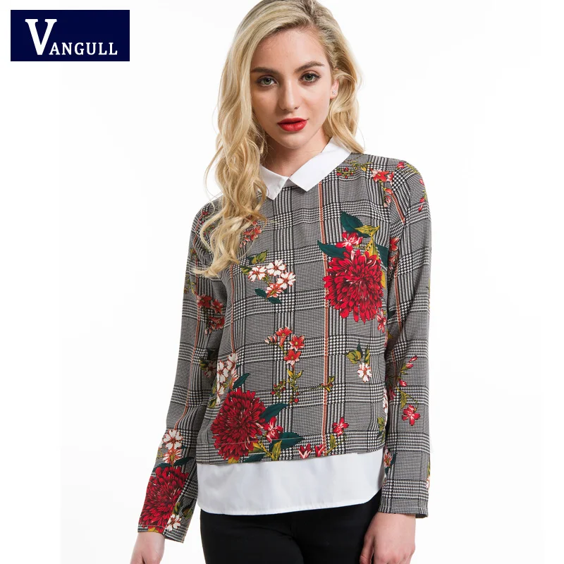 

Vangull Mixed Print Blouse Summer Women Tops Spring Curved Hem 2 In 1 Multicolor Contrast Collar Long Sleeve Floral Plaid Blouse