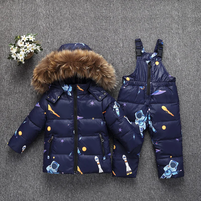 Детские зимние куртки-пуховики для мальчиков и девочек, пальто+ штаны, комбинезоны детский зимний лыжный комплект, парки с натуральным мехом для малышей, верхняя одежда, пальто