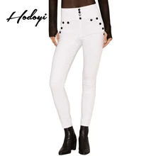 Hodoyi Women Fashion Long Pants Solid White Single Breasted Casual Slim High Waist Legging Zipper Chic Ladies Pencil Pant Female