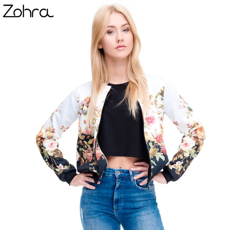 Zohra Brand Hot Sale Women Bomber Jacket 3D Printed Flower Fashion Sexy Jacket Short Coats Outwear Basic Jackets