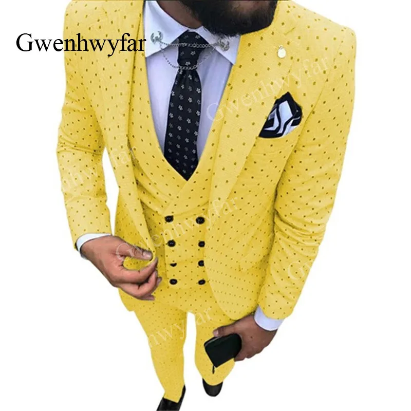 

Gwenhwyfar 2019 Autumn New 3-Pieces Notch Lapel Yellow Tuxedos Men's dot Suit Groomsmen Suits For Wedding (Blazer+Vest+Pants）