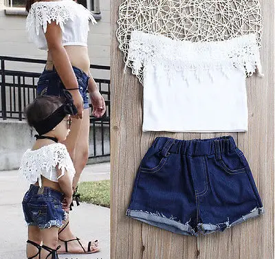 

New Toddler Kids Baby Girls Sunmmer Clothes White Lace Tops Denim Shorts Hot Pants Outfits Clothing Sets