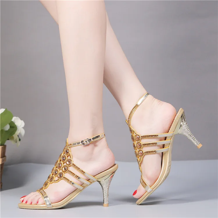 2016 Summer New Rhinestone Diamond Gold Dress Sandals For Wedding Womens High Heel Stiletto Shoes Size 106