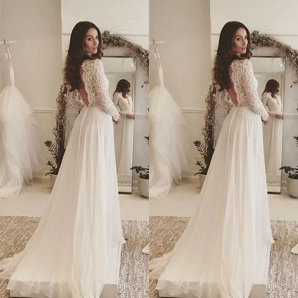2018 Simple Elegant Bohemian Wedding Dresses Deep V Neck Lace Long Sleeves Chiffon Floor Length Beach Backless Bridal Gowns