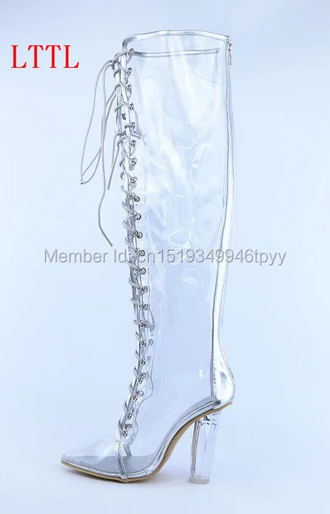 Г. Дизайнерские женские сапоги до колена из ПВХ на шнуровке прозрачные сапоги Острый носок, каблук из плексигласа, женские непромокаемые сапоги