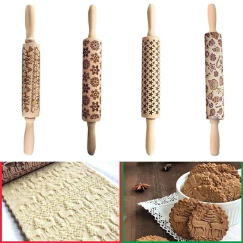 

LMETJMA Christmas Embossing Rolling Pin Christmas Snowflake Deer Wooden Rolling Pin Patterns Cookie Fondant Pastry Roller KC0200