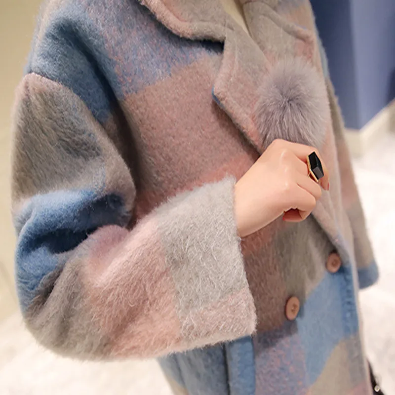 New 2017 winter sweet style fashion blue and pink contrast color double breasted plaid woollen coat women doudoune femme NDY24