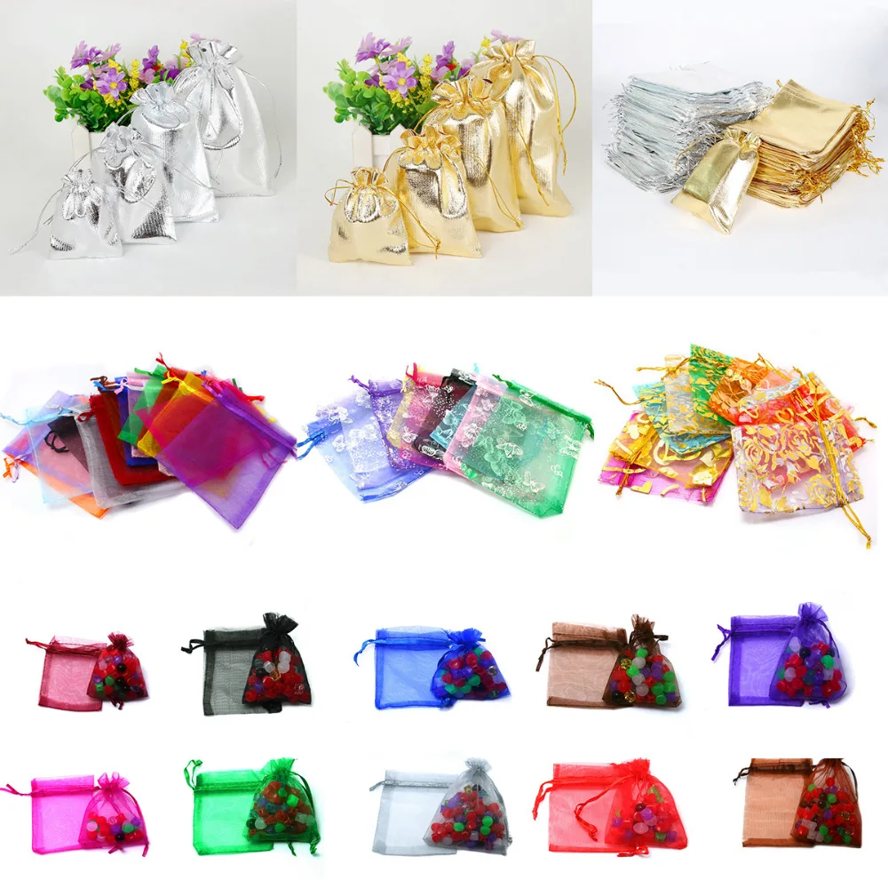 

7x9/9x12/10x15/13x18CM 10pcs Organza Decoration Drawable Wedding Party Gift Pouches 20 Color Important External Parts Of Jewelry