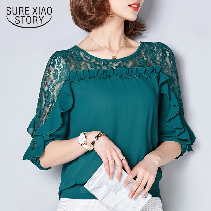 

2019 Fashion Summer women blouses tops Hollow Women lace Chiffon Blouse shirt Female Solid Patchwork Plus Size Blouse 78F 30