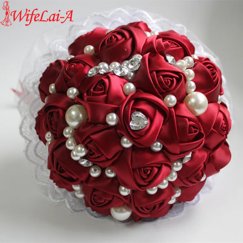 1257 40 De Réductionpop Style Perle Vin Rouge Soie Ruban Fleurs Mariée Mariage Bouquets Romantique Dentelle Mariage Demoiselle Dhonneur Point
