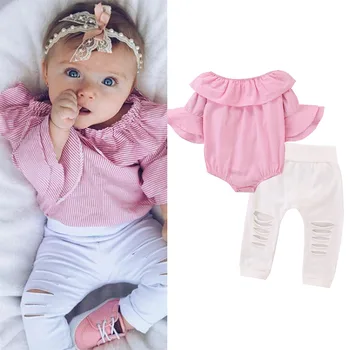 

Puseky New Summer Toddler Baby Girls Ruffle Flounce Stripe Romper Tops Worn-out White Pants 2Pcs Clothes Set for 0-24M