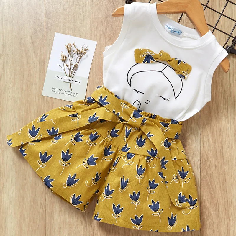 

Girls Clothing Sets 2019 New Summer Flower Printing Vest+Shorts Pants Fashion Kids clothes Casual clothing Sets For Children