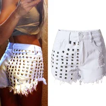Магазин londinas ark Горячая Стиль летние Высокая Талия джинсовые заклепками шорты с царапинами джинсы сексуальные модные прямые рваные Для женщин брюки