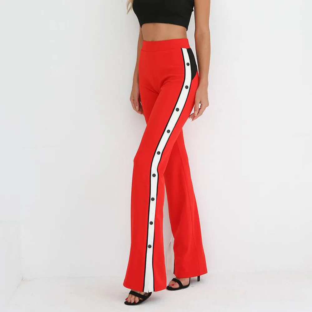 

Feitong pants women Fashion Women's Cut off Rivet Button Striped Split Side Wide Leg Pant trousers military pants women harajuku