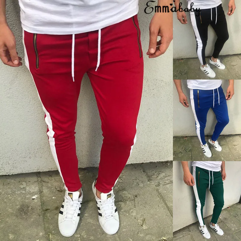 2018 Джоггеры мужские s Уличная тонкая сторона полоса Drawstring хип-хоп мужские спортивные брюки Slack Sweatpant Cool Biker Pencil pants Skinny