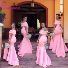 Fashion Long Pink Mermaid Bridesmaid Dresses African Women Appliques Beads Boat Neck Long Maid Of Honor Dress Party Formal