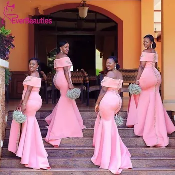 

Fashion Long Pink Mermaid Bridesmaid Dresses African Women 2020 Appliques Beads Boat Neck Long Maid Of Honor Dress Party Formal