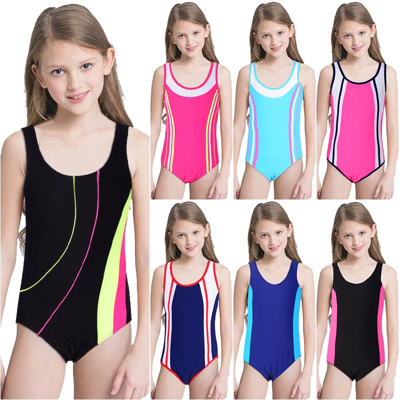 

New Girl Patchwork Swimsuit Kids One Piece Suit Sports Racing Bathing Suit 5-14 Ages Children Solid Color Swimwear Surfing Suit