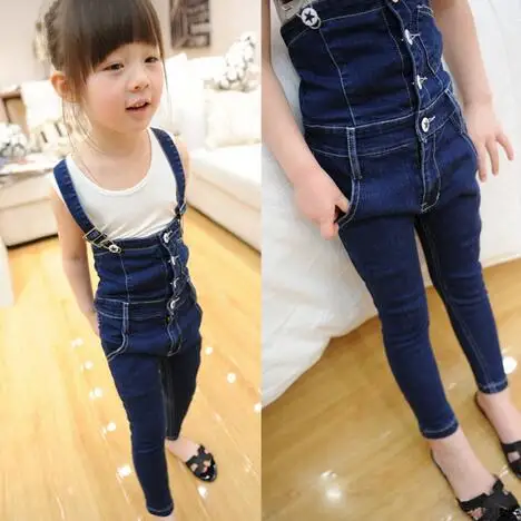

2017 Spring Denim Overalls For Kids Solid Causal Jeans Pants For Girls 2-11Y Trouser Girls Children's Jumpsuits Buttons Clothing