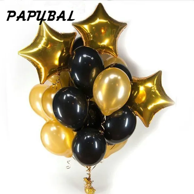 13pcs/lot 12 inch pearl black gold Latex balloons with 18 inch gold star wedding birthday party decor inflatable air ball supply