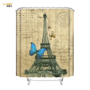 

HUGSIDEA Paris Tower Print Vintage Shower Curtain Decor Home Bathroom Curtains Butterflies Large Shower Curtain Polyester Fabric