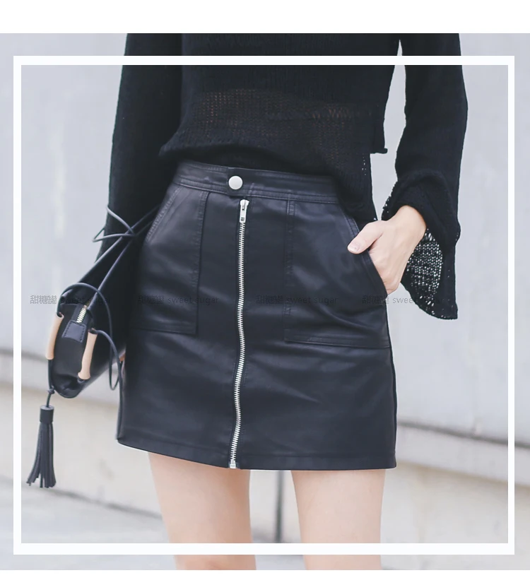 Autumn Winter Women Skirt PU Leather Sexy Mini Skirt With Pockets Zipper A-line Package Hip High Waist Women Clothing