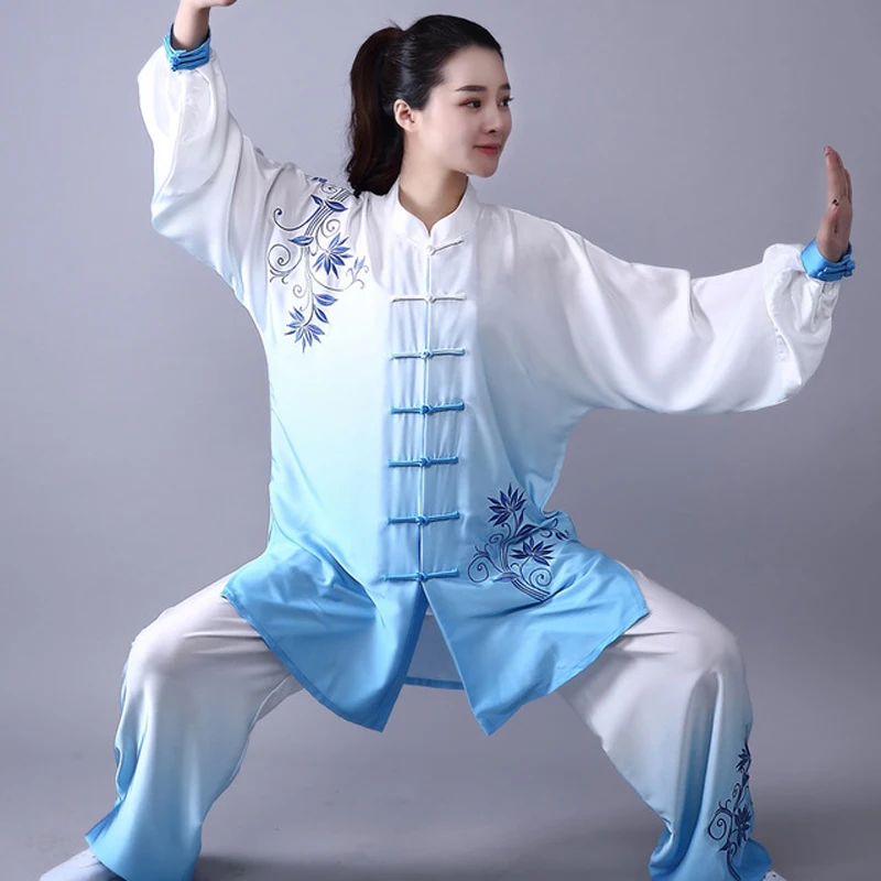 3pc feminino tradicional chinês bordado flor manga longa wushu taichi kungfu uniforme terno uniformes tai chi roupa de exercício