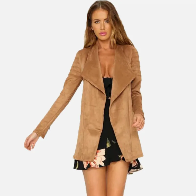 Medium Long Women Suede Jacket New 2017 Spring Autumn Trun Down Collar