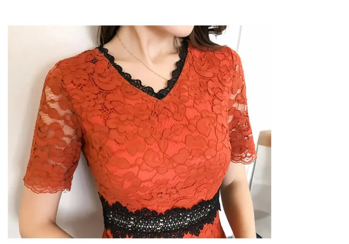 2018 New Red Blue Spring Summer Lace Women dress Short Sleeve Slim Collect Waist In Long Dresses S-XL