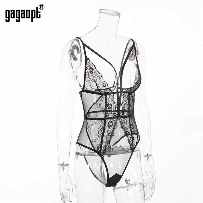 Gagaopt Lace Bodysuit Women Bandage Mesh Bodysuit Fashion Black/White Sexy Bodysuit Jumpsuit Overalls Sleepwear