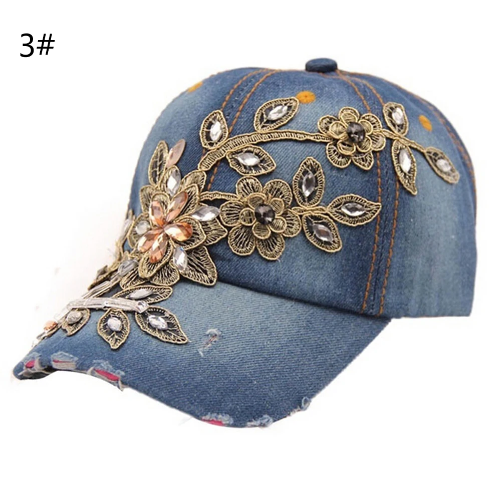 Хип-хоп шику Регулируемая Snapback Hat для женщин Полный Кристалл Цветочный деним Бейсбол Кепки