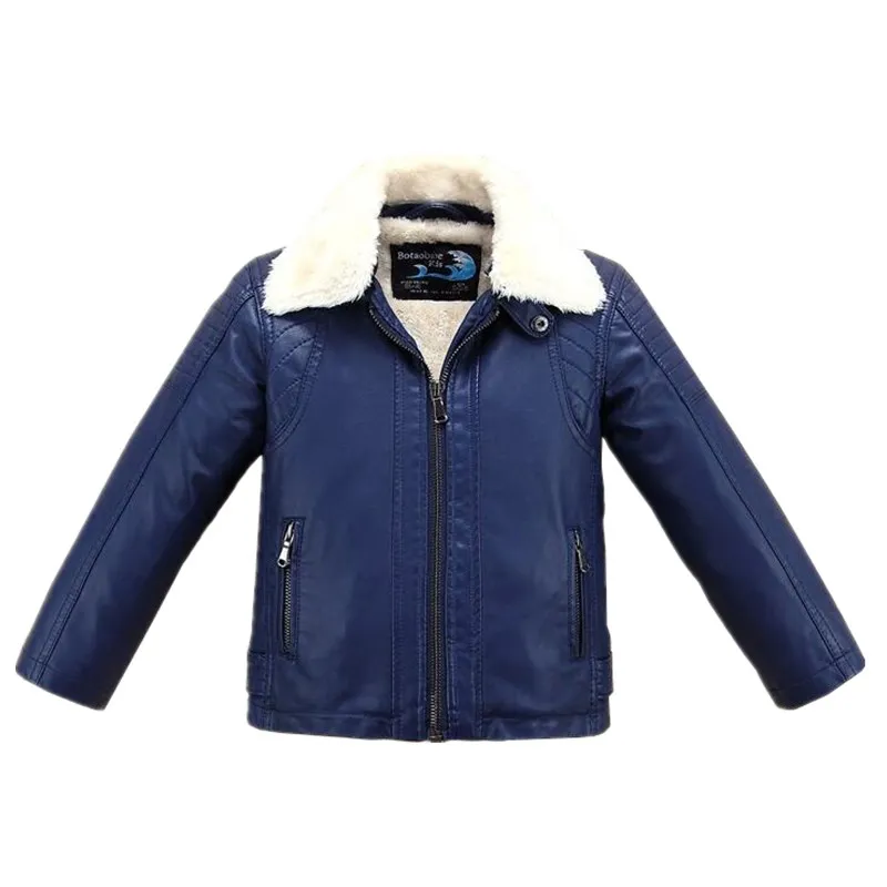 

Solid Navy Blue Boys Leather Jacket White Fur Collar Fleece Thick Fleece for Fall Winter Girls Motor Coat Bomber Clothes