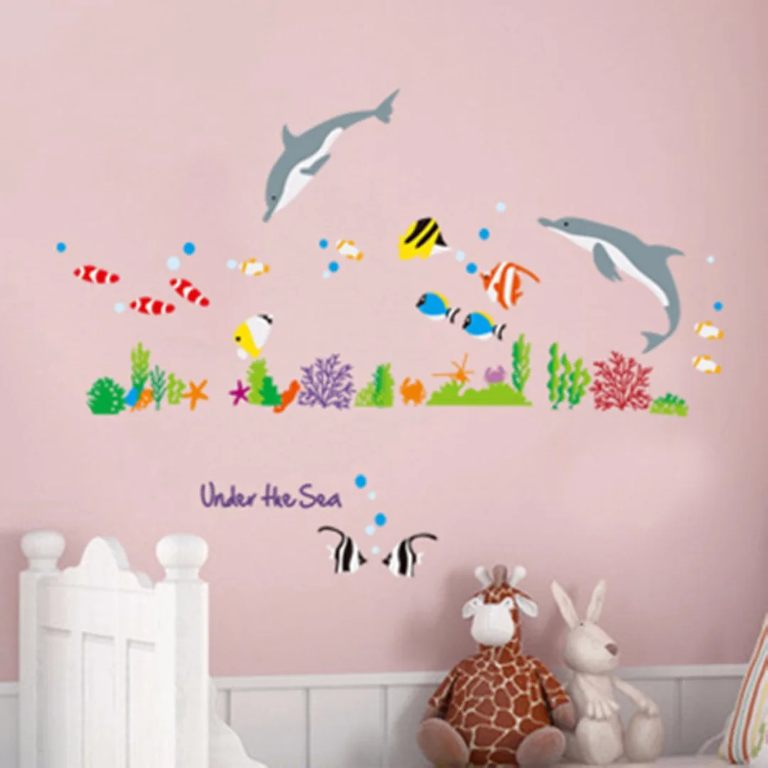 Newest  Dolphin & Fish Bathroom Decor Wall Stickers Paper Kids Bedroom Vinyl Paper