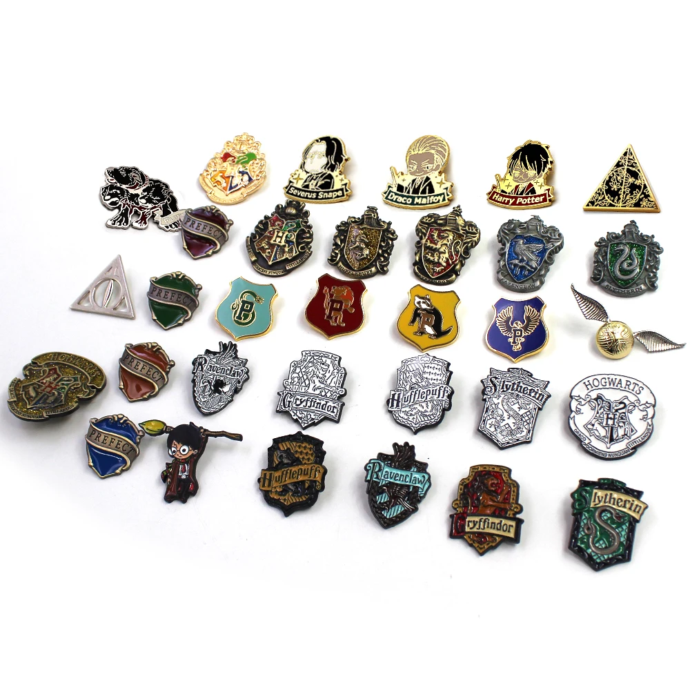 

32pcs/set Harri Potter Deathly Hallows Hogwarts Gryffindor Slytherin Broomsticks Golden Snitch Metal Badge Brooch Pin Collection
